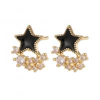 Cubic Zirconia Micro Pave Brass Earring Star gold color plated fashion jewelry & micro pave cubic zirconia & for woman & enamel black nickel lead & cadmium free Sold By Pair