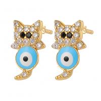 Evil Eye Earrings, Brass, Cat, gold color plated, fashion jewelry & evil eye pattern & micro pave cubic zirconia & for woman & enamel, more colors for choice, nickel, lead & cadmium free, 7.50x12.20mm, Sold By Pair