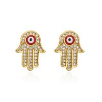 Evil Eye Earrings, Brass, Hand, real gold plated, micro pave cubic zirconia & for woman & enamel, more colors for choice, 15x12mm, Sold By Pair