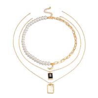 Mode-Multi-Layer-Halskette, Zinklegierung, mit ABS-Kunststoff-Perlen, goldfarben plattiert, drei Schichten & Modeschmuck & für Frau & mit Glas Strass, goldfarben, 27mm, Länge 55.5 cm, verkauft von PC