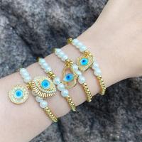 Evil Eye Jewelry Bracelet, Brass, with Plastic Pearl, 18K gold plated, fashion jewelry & micro pave cubic zirconia & for woman, more colors for choice, 21x16mm, Length:18 cm, Sold By PC