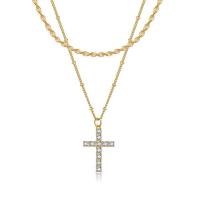 Cubic Zircon Micro Pave Brass Necklace Cross 18K gold plated Double Layer & detachable & micro pave cubic zirconia & for woman golden nickel lead & cadmium free Sold By PC