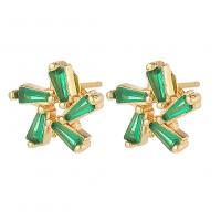 Cubic Zirconia Micro Pave Brass Earring, Pinwheel, gold color plated, fashion jewelry & micro pave cubic zirconia & for woman, green, nickel, lead & cadmium free, 10.80x10.80mm, Sold By Pair