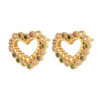 Cubic Zirconia Micro Pave Brass Earring Heart gold color plated fashion jewelry & micro pave cubic zirconia & for woman & hollow multi-colored nickel lead & cadmium free Sold By Pair