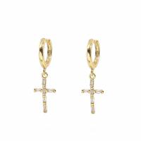 Cubic Zirconia Micro Pave Brass Earring Cross gold color plated fashion jewelry & micro pave cubic zirconia & for woman nickel lead & cadmium free Sold By Pair