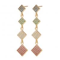 Cubic Zirconia Micro Pave Brass Earring, Rhombus, gold color plated, fashion jewelry & micro pave cubic zirconia & for woman, multi-colored, nickel, lead & cadmium free, 11.50x48mm, Sold By Pair