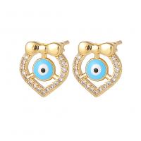 Evil Eye Earrings, Brass, Heart, gold color plated, fashion jewelry & evil eye pattern & micro pave cubic zirconia & for woman & enamel, more colors for choice, nickel, lead & cadmium free, 10x11mm, Sold By Pair