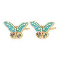 Cubic Zirconia Micro Pave Brass Earring Butterfly gold color plated fashion jewelry & micro pave cubic zirconia & for woman & enamel nickel lead & cadmium free Sold By Pair