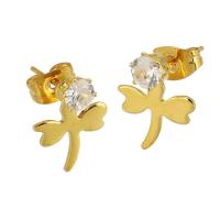 Stainless Steel Stud Earrings, 304 Stainless Steel, Leaf, Galvanic plating, imitation cubic zirconia & for woman, gold, 15x14x11mm, 12Pairs/Lot, Sold By Lot
