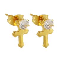 Stainless Steel Stud Earrings 304 Stainless Steel Cross Galvanic plating imitation cubic zirconia & for woman gold Sold By Lot