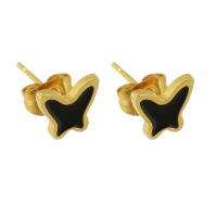 Stainless Steel Stud Earrings, 304 Stainless Steel, Butterfly, Galvanic plating, for woman & enamel, black, 13x7x8mm, 12Pairs/Lot, Sold By Lot