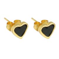 Stainless Steel Stud Earrings, 304 Stainless Steel, Heart, Galvanic plating, for woman & enamel, black, 13x7.50x7mm, 12Pairs/Lot, Sold By Lot