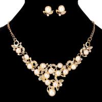 Tibetan Style Jewelry Sets, Stud Earring & necklace, with Plastic Pearl, plated, 2 pieces & for woman & with rhinestone, golden, nickel, lead & cadmium free, Sold By Set