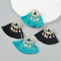 Fashion Fringe Earrings, Tibetan Style, with Polyester, gold color plated, fashion jewelry & evil eye pattern & for woman & with rhinestone, more colors for choice, 59x81mm, Sold By Pair