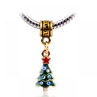 European Style Tibetan Style Dangle Beads, Christmas Tree, plated, Unisex & enamel & with rhinestone, green, nickel, lead & cadmium free, 12x28mm, Approx 100PCs/Bag, Sold By Bag