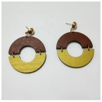 Boucles d'oreille en bois, avec fer, Rond, Placage de couleur d'or, pour femme, couleurs mélangées, 45mm, Vendu par paire