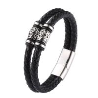 PU Leather Cord Bracelets with 316 Stainless Steel polished Double Layer & fashion jewelry & for man black 12mm Sold By PC