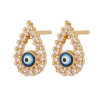 Evil Eye Earrings, Brass, Teardrop, gold color plated, fashion jewelry & evil eye pattern & micro pave cubic zirconia & for woman & enamel, golden, nickel, lead & cadmium free, 7.20x11.30mm, Sold By Pair