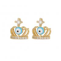 Evil Eye Earrings Brass Crown gold color plated fashion jewelry & evil eye pattern & micro pave cubic zirconia & for woman & enamel nickel lead & cadmium free Sold By Pair