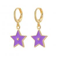 Huggie Hoop Drop Earring, Brass, Star, gold color plated, fashion jewelry & for woman & enamel, purple, nickel, lead & cadmium free, 14.50x31mm, Sold By Pair