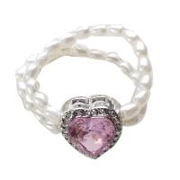 Strass Ringe, Zinklegierung, mit Kunststoff Perlen, Herz, plattiert, Doppelschicht & Modeschmuck & für Frau & mit Strass, keine, 17mm, verkauft von PC