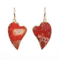 Boucles d'oreilles en pierres précieuses, Jaspe d'impression, avec laiton, coeur, plaqué de couleur d'or KC, pour femme, rouge, 60mm, Vendu par paire