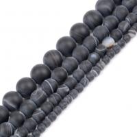 Natürliche Streifen Achat Perlen, rund, DIY & verschiedene Größen vorhanden & satiniert, schwarz, verkauft per ca. 37-39 cm Strang