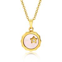 Stainless Steel Jewelry Necklace, 304 Stainless Steel, with Shell, with 1.97inch extender chain, Vacuum Ion Plating, fashion jewelry & for woman & with rhinestone, golden, 14.30x17.20mm, Length:Approx 15.7 Inch, Sold By PC