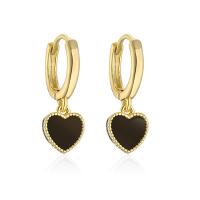 Messing oorhangers, Hart, echt goud verguld, voor vrouw & glazuur, zwart, 20x7mm, Verkocht door pair