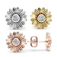 Brass Stud Earring Sunflower plated micro pave cubic zirconia & for woman nickel lead & cadmium free 10mm Sold By Pair