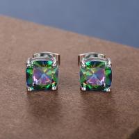 Brass Stud Earring Square platinum plated micro pave cubic zirconia & for woman nickel lead & cadmium free 7mm Sold By Pair