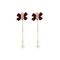 Zinc Alloy Drop Earrings with ABS Plastic Pearl & Velveteen gold color plated fashion jewelry & for woman & with rhinestone two different colored Sold By Pair