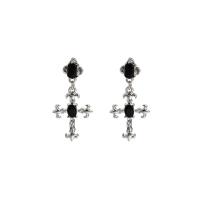 Zinc Alloy Drop Earrings Cross silver color plated fashion jewelry & for woman & with rhinestone two different colored Sold By Pair