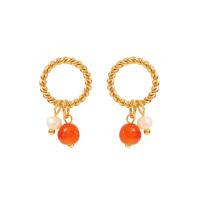 Stainless Steel Drop Earring 304 Stainless Steel with Red Agate & Freshwater Pearl Vacuum Ion Plating fashion jewelry & for woman golden Sold By Pair