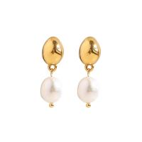 Freshwater Pearl Earrings, 304 Stainless Steel, with Freshwater Pearl, Vacuum Ion Plating, fashion jewelry & for woman, golden, 27x9mm, Sold By Pair