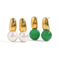 Boucle d'oreille de gaujon en acier inoxydable, Acier inoxydable 304, avec perle & agate verte, bijoux de mode & pour femme, plus de couleurs à choisir, 22x10mm, Vendu par PC