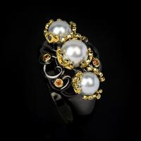 Rhinestone Finger Ring Brass with Plastic Pearl & for woman & with rhinestone black nickel lead & cadmium free Sold By PC