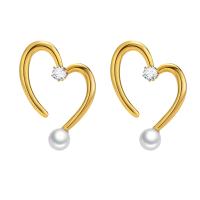 Stainless Steel Stud Earrings 304 Stainless Steel with Plastic Pearl Heart Vacuum Ion Plating fashion jewelry & micro pave cubic zirconia & for woman golden Sold By Pair