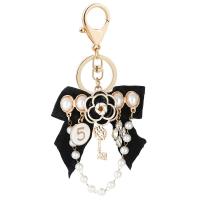 Bag Purse Charms Keyrings Keychains, Tibetan Style, with Cloth & Plastic Pearl, Bowknot, gold color plated, portable & enamel, black, nickel, lead & cadmium free, 66x138mm, Sold By PC