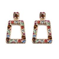 Rhinestone Earring, Tibetan Style, Trapezium, gold color plated, fashion jewelry & for woman & with rhinestone & hollow, multi-colored, nickel, lead & cadmium free, 38x65mm, Sold By Pair