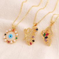 Evil Eye Jewelry Necklace Brass with Shell real gold plated & micro pave cubic zirconia & for woman & with plastic pearl multi-colored 25mm Length Approx 17.7 Inch Sold By PC
