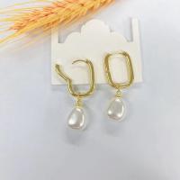 Brass Drop Earring, with Plastic Pearl, real gold plated, for woman, gold, 40mm, Sold By Pair