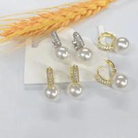 Cubic Zirconia Micro Pave Brass Earring, with Plastic Pearl, plated, micro pave cubic zirconia & for woman, more colors for choice, 23mm, Sold By Pair