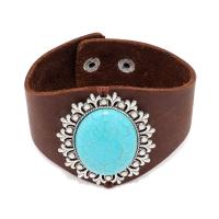 Bracelet de cuir de vachette, cuir de peau de vache, avec turquoise & alliage de zinc, bijoux de mode & unisexe, couleur de café, 25x6.2cm, Vendu par PC