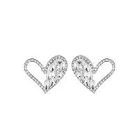 Rhinestone Earring Zinc Alloy Heart silver color plated fashion jewelry & for woman & with rhinestone nickel lead & cadmium free Sold By Pair