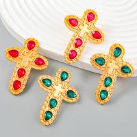 Rhinestone Earring Zinc Alloy Cross gold color plated fashion jewelry & for woman & with rhinestone Sold By Pair