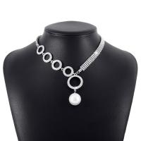 Plastic Pearl Necklace Zinc Alloy with Plastic Pearl fashion jewelry & for woman & with rhinestone platinum color Length 40-48 cm Sold By PC