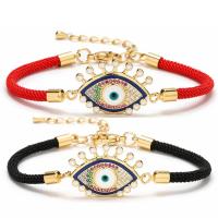 Bracelet Evil Eye bijoux, laiton, avec corde de coton, avec 1.97 chaînes de rallonge, Mauvais œil, Placage de couleur d'or, pavé de micro zircon & pour femme & émail, plus de couleurs à choisir, protéger l'environnement, sans nickel, plomb et cadmium, 25mm, Longueur:6.69 pouce, Vendu par PC