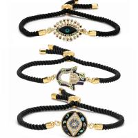 Evil Eye Jewelry Bracelet Brass with Cotton Cord gold color plated adjustable & micro pave cubic zirconia & for woman & enamel black nickel lead & cadmium free Length 16-21 cm Sold By PC
