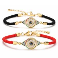 Evil Eye Jewelry Bracelet, Brass, with Cotton Cord, with 1.97 extender chain, gold color plated, micro pave cubic zirconia & for woman, more colors for choice, nickel, lead & cadmium free, 25mm, Length:6.69 Inch, Sold By PC